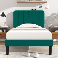 Vecelo Twin Size Upholstered Bed Frame With Adjustable Headboard Velvet Platform Bedframe Mattress Foundation Strong Wood Slat