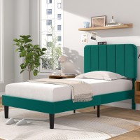 Vecelo Twin Size Upholstered Bed Frame With Adjustable Headboard Velvet Platform Bedframe Mattress Foundation Strong Wood Slat