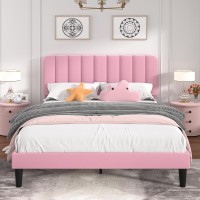 Vecelo Full Size Upholstered Bed Frame With Adjustable Headboard Velvet Platform Bedframe Mattress Foundation Strong Wood Slat