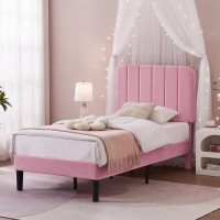 Vecelo Twin Size Upholstered Bed Frame With Adjustable Headboard Velvet Platform Bedframe Mattress Foundation Strong Wood Slat