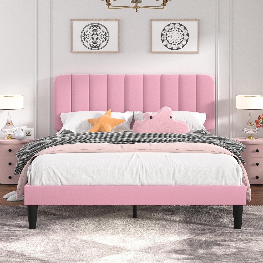 Vecelo Queen Size Upholstered Bed Frame With Adjustable Headboard Velvet Platform Bedframe Mattress Foundation Strong Wood Sla