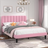 Vecelo Queen Size Upholstered Bed Frame With Adjustable Headboard Velvet Platform Bedframe Mattress Foundation Strong Wood Sla