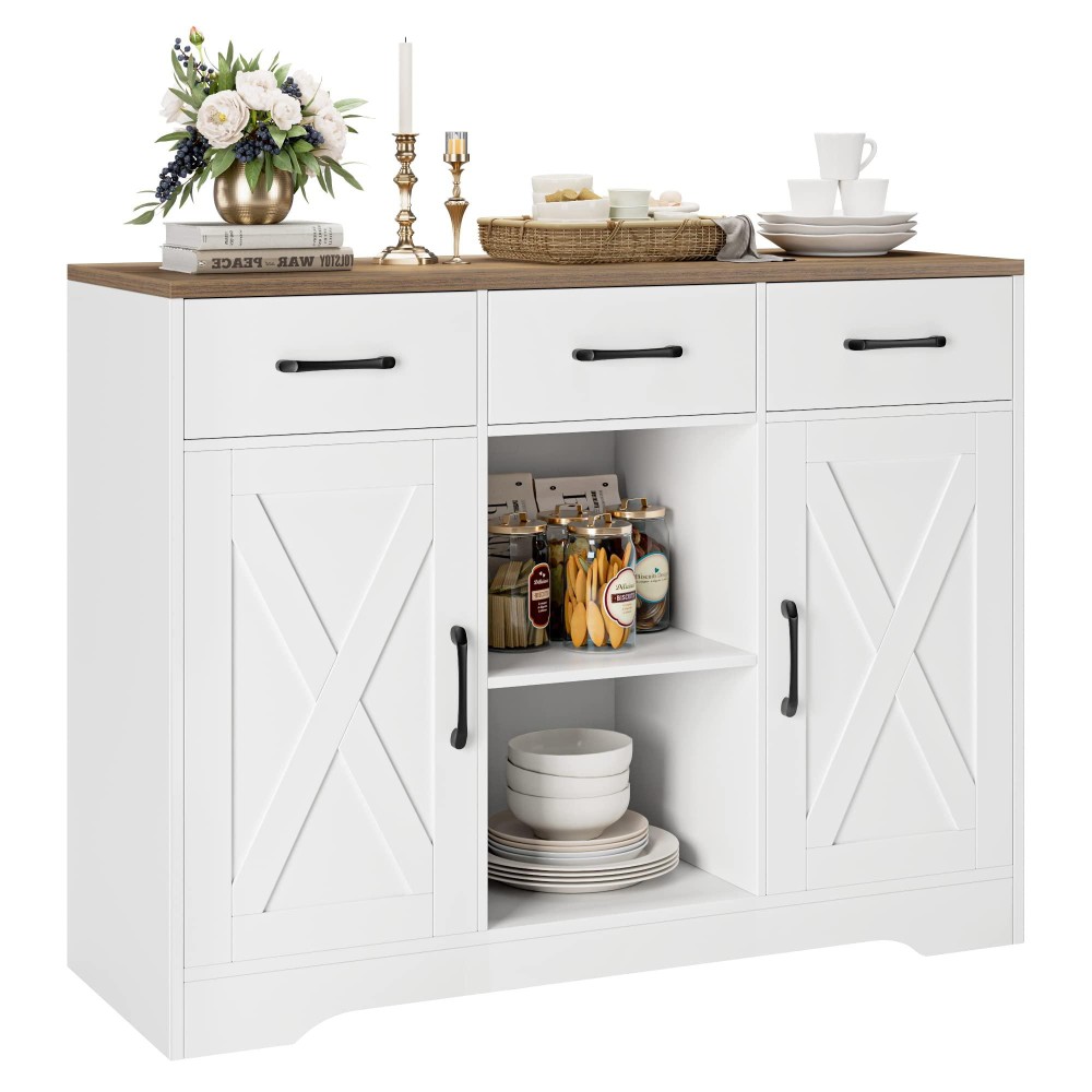 HOSTACK Modern Farmhouse Buffet Cabinet with Storage, Barn Doors Sideboard Buffet Storage Cabinet with Drawers and Shelves, Wood Coffee Bar Cabinet for Kitchen, Dining Room, Living Room, White