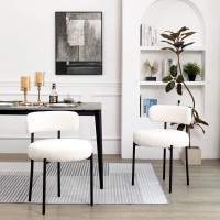 Dyhome Dining Chairs, White Boucle Dining Chairs Set Of 2, Kitchen Dining Room Chairs Curved Backrest Upholstered Mid Century Modern Dining Chairs With Black Metal Legs