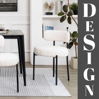 Dyhome Dining Chairs, White Boucle Dining Chairs Set Of 2, Kitchen Dining Room Chairs Curved Backrest Upholstered Mid Century Modern Dining Chairs With Black Metal Legs