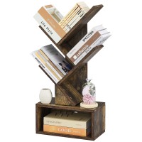 Hoctieon 3 Tier Tree Bookshelf, 3 Shelf Bookcase With Drawer, Free Standing Tree Bookcase, Display Floor Standing Shelf For Books, Book Organizer Shelves For Home Office, Rustic Brown