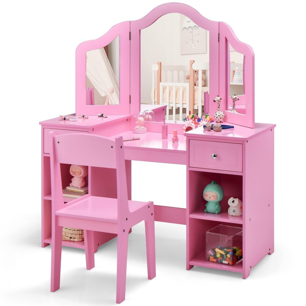 Infans Kids Vanity 2 In 1 Princess Makeup Desk And Chair Set With Drawers Trifolding Detachable Mirror Large Storage Shelves