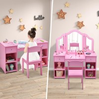 Infans Kids Vanity 2 In 1 Princess Makeup Desk And Chair Set With Drawers Trifolding Detachable Mirror Large Storage Shelves