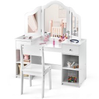 Infans Kids Vanity 2 In 1 Princess Makeup Desk And Chair Set With Drawers Trifolding Detachable Mirror Large Storage Shelves