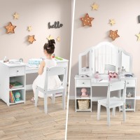 Infans Kids Vanity 2 In 1 Princess Makeup Desk And Chair Set With Drawers Trifolding Detachable Mirror Large Storage Shelves