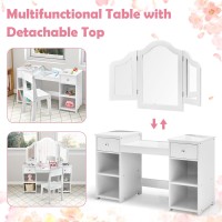 Infans Kids Vanity 2 In 1 Princess Makeup Desk And Chair Set With Drawers Trifolding Detachable Mirror Large Storage Shelves