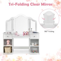 Infans Kids Vanity 2 In 1 Princess Makeup Desk And Chair Set With Drawers Trifolding Detachable Mirror Large Storage Shelves