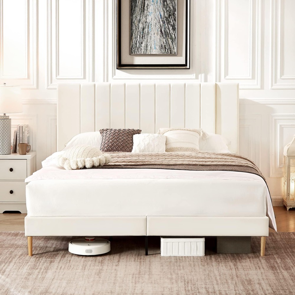 Flolinda Full Size Platform Bed Frame With Velvet Upholstered Headboard And Wooden Slats Support Fully Upholstered Mattress Fou