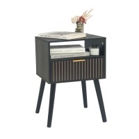 Maxsmeo Black Nightstand With Drawer Mid Century Modern Bedside Table With Open Shelf Storage End Table With Solid Wood Legs