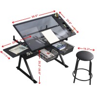 Lifesky Adjustable Glass Drafting Table - Height Adjustable Temped Glass Artists Drawing Table With Storage - Art Craft Desk Workstation For Adults