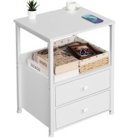 Lerliuo Nightstand, Industrial Bed Side Table With 2 Drawers Storage Open Shelf, Sturdy End Table With Steel Frame, Night Stand For Bedroom, Living Room, Elegant White