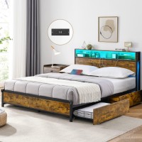 Alohappy King Size Bed Frame With 4 Storage Drawers And Bookcase Headboard Led Bed Frame With Outlets And Usb Ports Metal Plat