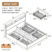 Alohappy King Size Bed Frame With 4 Storage Drawers And Bookcase Headboard Led Bed Frame With Outlets And Usb Ports Metal Plat