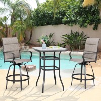 Vongrasig 3 Piece Patio Swivel Bar Set All Weather Mental Textilene High Swivel Bar Stools Chair Set Of 2 And High Glass Bar Ta