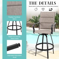 Vongrasig 3 Piece Patio Swivel Bar Set All Weather Mental Textilene High Swivel Bar Stools Chair Set Of 2 And High Glass Bar Ta