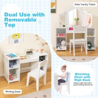 HONEY JOY White Kids Vanity Table, Princess Dressing Table with Tri-Folding Mirror, Open Storage Shelves, Wooden Makeup Table & Chair Set, Pretend Play Vanity Set for Girls(White)