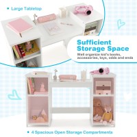 HONEY JOY White Kids Vanity Table, Princess Dressing Table with Tri-Folding Mirror, Open Storage Shelves, Wooden Makeup Table & Chair Set, Pretend Play Vanity Set for Girls(White)