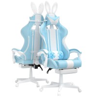 Ferghana Blue Gaming Chair With Bunny Ear Cute Massage Gaming Chairs For Adults Teens Office Pc Gamer Chair With Footrest K