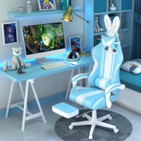 Ferghana Blue Gaming Chair With Bunny Ear Cute Massage Gaming Chairs For Adults Teens Office Pc Gamer Chair With Footrest K