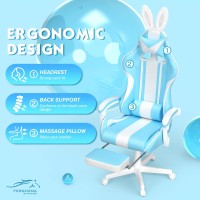 Ferghana Blue Gaming Chair With Bunny Ear Cute Massage Gaming Chairs For Adults Teens Office Pc Gamer Chair With Footrest K