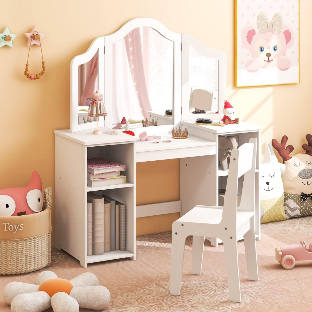 Costzon Kids Vanity, 2 In 1 Princess Makeup Desk & Chair Set With Detachable Tri-Folding Mirror, Storage Shelves, Wooden Toddler Vanity Dressing Table, Pretend Play Vanity Set For Little Girls (White)