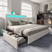 Amerlife King Bed Frame With Rgbw Led Lights Headboard & 4 Storage Drawers, Upholstered Smart Platform Bed With Usb & Usb-C Ports, Box Spring Optional, Dark Grey
