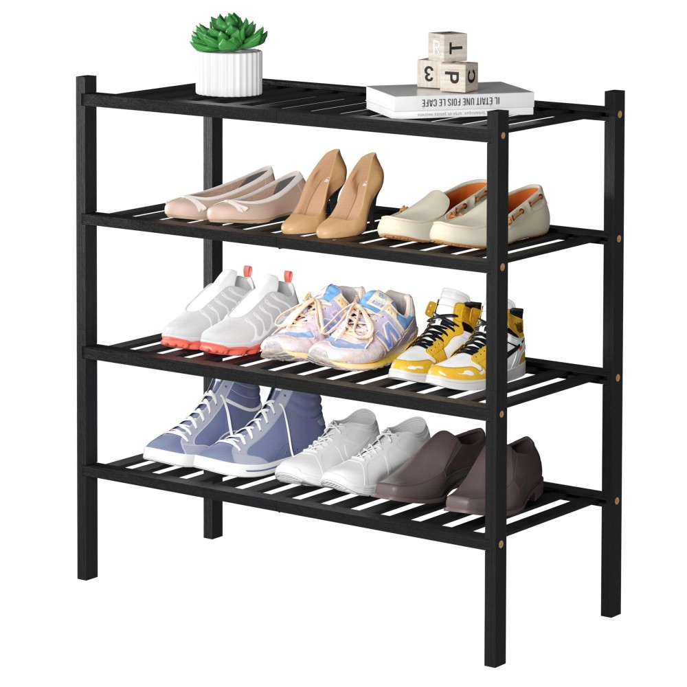 Romguar Craft 4 Tier Bamboo Shoe Rack For Closet Free Standing Wood Shoe Shelf For Entryway Small Space Stackable 27X11X26