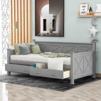 Oudiec Twin Daybed With Storage Drawers,Solid Pinewood Bedframe With Guardrail For Boys/Girls/Teens/Kids Bedroom,No Box Spring Needed,Gray