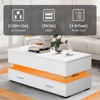 WEENFON LED Coffee Table, Smart Coffee Table with Charging Station, Lift Top, 21 Colors Change, 2 Tiers Modern Tea Table with Storage, Living Room Furniture, Rectangle Design, White