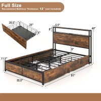 Komfott Industrial Metal Bed Frame With Led Lights, Full Size Platform Bed Frame With 4 Roll-Out Storage Drawers, 2-Tier Storage Headboard, 2 Charging Outlets & Usb Port, No Box Spring Needed