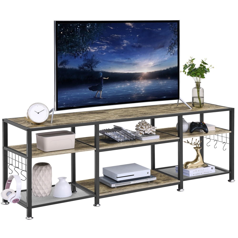 Vecelo Tv Stand For Televisions Up To 75 Inch, Industrial Entertainment Center With 3-Tier Open Storage Shelves& Hooks For Living, Bedroom And Gaming Room, 70 Inch, Grey