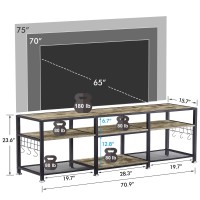 Vecelo Tv Stand For Televisions Up To 75 Inch, Industrial Entertainment Center With 3-Tier Open Storage Shelves& Hooks For Living, Bedroom And Gaming Room, 70 Inch, Grey