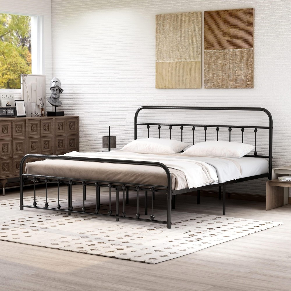 Alazyhome King Size Bed Frame Classic Metal Platform Mattress Foundation With Victorian Style Iron-Art Headboard Under Bed Storage No Box Spring Needed Black