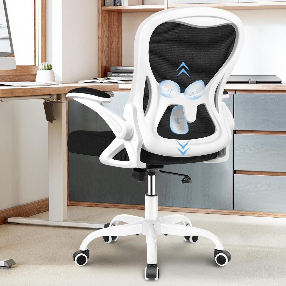 Winrise Office Chair Desk Chair, Ergonomic Mesh Computer Chair Home Office Desk Chairs, Swivel Task Chair Mid Back Breathable Rolling Chair With Adjustable Lumbar Support Flip Up Armrest (White)