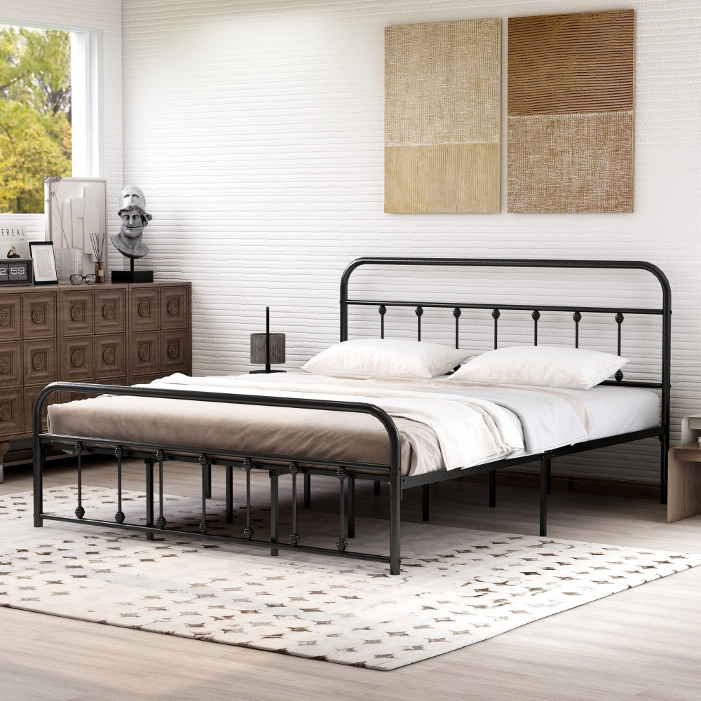 Alazyhome California King Size Bed Frame Classic Metal Platform Mattress Foundation With Victorian Style Iron-Art Headboard Under Bed Storage No Box Spring Needed Black