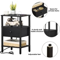 Lerliuo Nightstand With Charging Station And Usb Ports 3Tier Storage End Table With Drawer Shelf Night Stand For Small Spaces