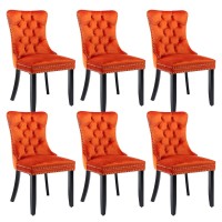 Virabit Velvet Dining Chairs Set Of 6, Tufted Upholstered Dining Chairs With Nailhead Back And Ring Pull Trim, Solid Wood Dining Chairs For Kitchen/Bedroom/Dining Room (Orange)