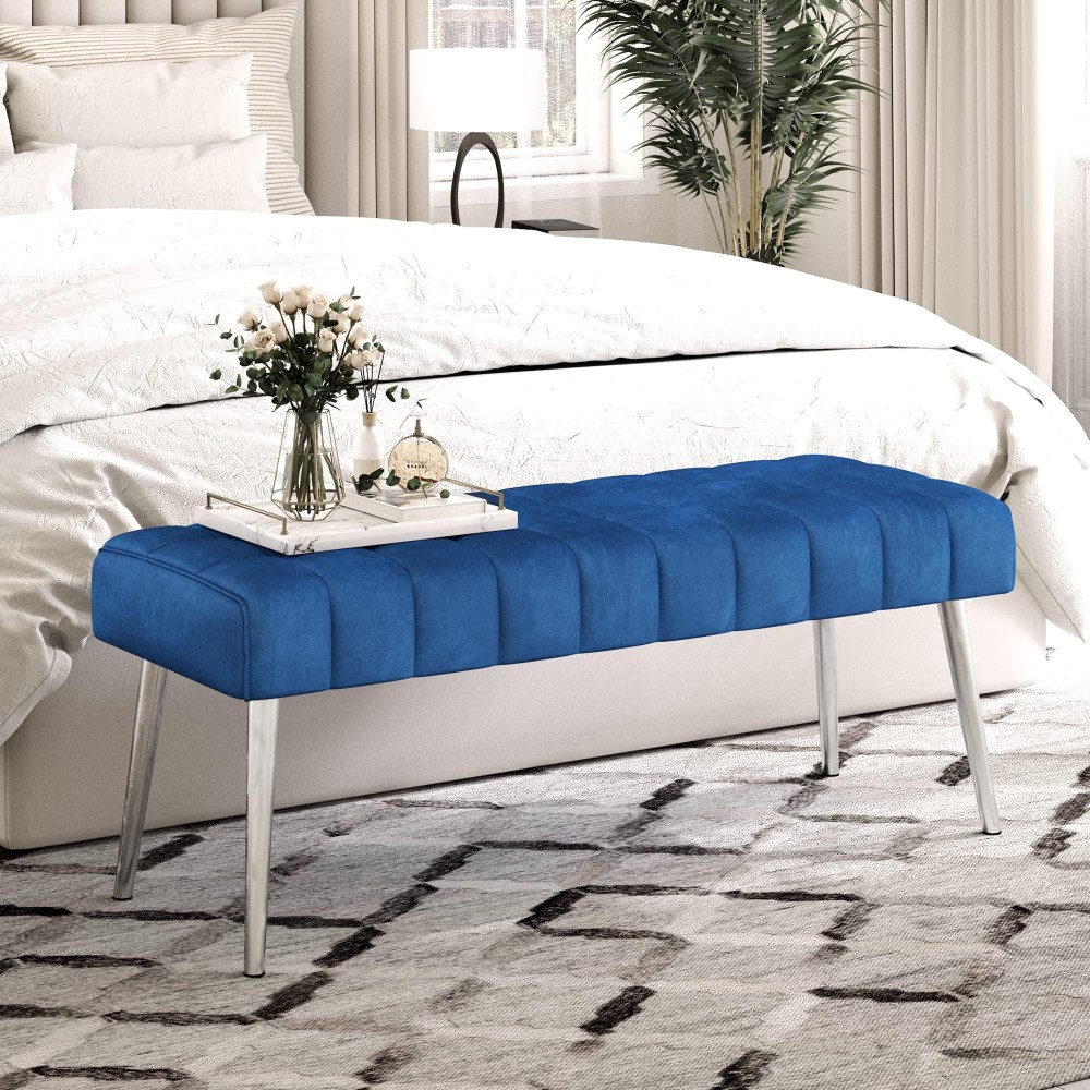 Lue Bona 44.5?Ottoman Bench, Velvet Tufted Upholstered Bedroom Bench, Modern Footrest Stool Accent Bench With Metal Legs Storage For Entryway, Dining Room, End Of Bed, Foyer, 300Lb, Royal Blue