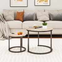 HOMERECOMMEND Round Nesting Coffee Table Modern Nesting Side Set of 2 End Table, for Living Room,Round Wooden Accent Coffee Table with Solid Powder-Coated Metal Frame A Black/White Oak