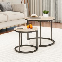HOMERECOMMEND Round Nesting Coffee Table Modern Nesting Side Set of 2 End Table, for Living Room,Round Wooden Accent Coffee Table with Solid Powder-Coated Metal Frame A Black/White Oak