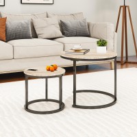 HOMERECOMMEND Round Nesting Coffee Table Modern Nesting Side Set of 2 End Table, for Living Room,Round Wooden Accent Coffee Table with Solid Powder-Coated Metal Frame A Black/White Oak