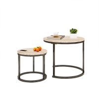 HOMERECOMMEND Round Nesting Coffee Table Modern Nesting Side Set of 2 End Table, for Living Room,Round Wooden Accent Coffee Table with Solid Powder-Coated Metal Frame A Black/White Oak