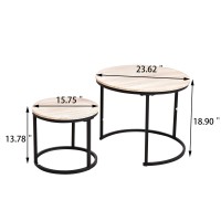 HOMERECOMMEND Round Nesting Coffee Table Modern Nesting Side Set of 2 End Table, for Living Room,Round Wooden Accent Coffee Table with Solid Powder-Coated Metal Frame A Black/White Oak