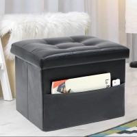 Docvania 17?Storage Ottoman Folding Footstool With Side Pocket Leather Storage Foot Rest Stool Thick Sponge Padded Seat Ottoman Stool, Storage Ottoman For Living Room Bedroom,Black