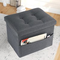 Docvania 17?Storage Ottoman Folding Footstool With Side Pocket Linen Fabric Storage Foot Rest Stool Thick Sponge Padded Seat Ottoman Stool, Storage Ottoman For Living Room Bedroom,Grey